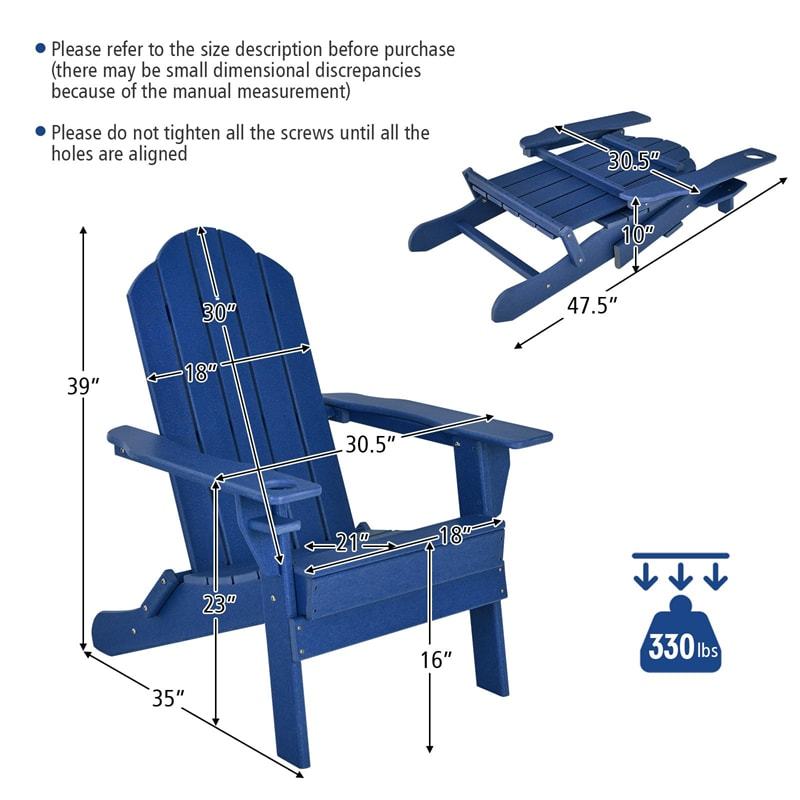 HDPE Folding Adirondack Chair, Outdoor Fire Pit Chair with Cup Holder, Weather Resistant Patio Lounge Chair for Backyard, Garden, Poolside