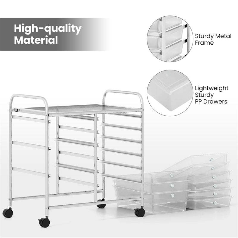 9-Drawer Rolling Storage Cart, Mobile Art & Craft Supply Organizer on Wheels, Metal Frame, Drawer Utility Cart for Classroom Office Home Salon