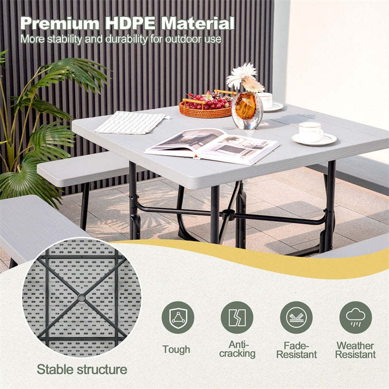 8-Person Picnic Table Set, Square Outdoor Table with 4 Built-in Benches, Umbrella Hole, HDPE Top, Metal Frame, 500LBS Capacity for Garden Patio