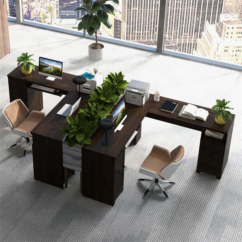 66" L-Shaped Office Desk, Modern Executive Corner Computer Desk with Power Outlets, Storage, Adjustable Shelf, Keyboard Tray for Working Writing