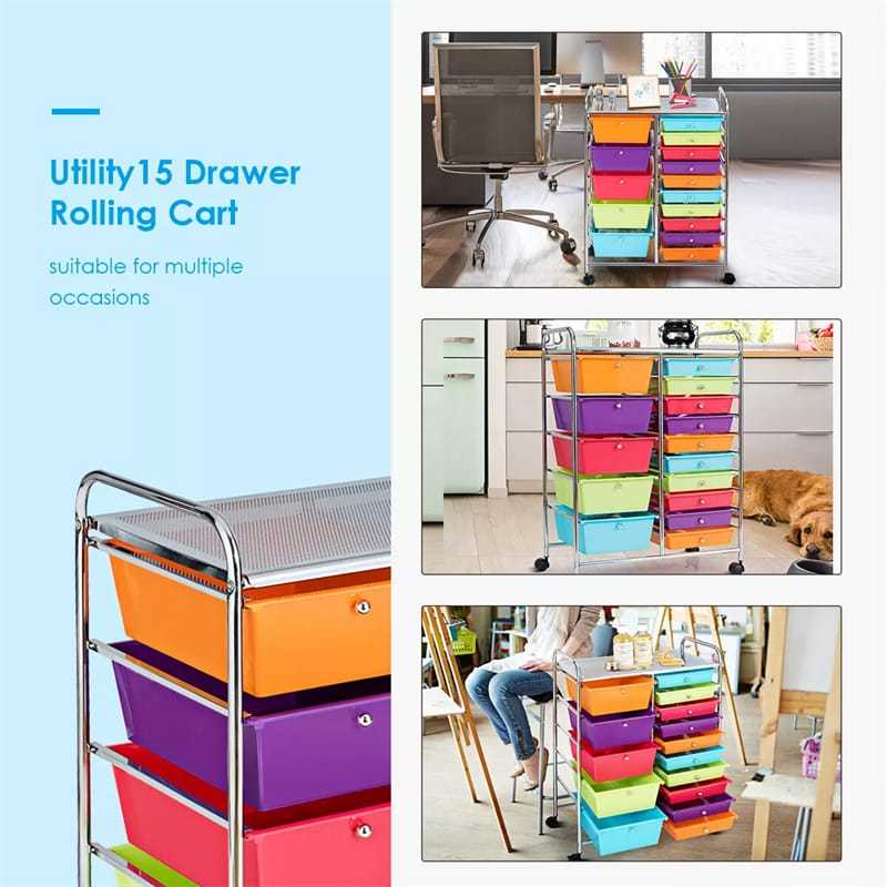 15-Drawer Rolling Storage Cart, Mobile Organizer with Wheels for Office, School, Craft, Tools, Scrapbook Paper, Storage Drawer Cart
