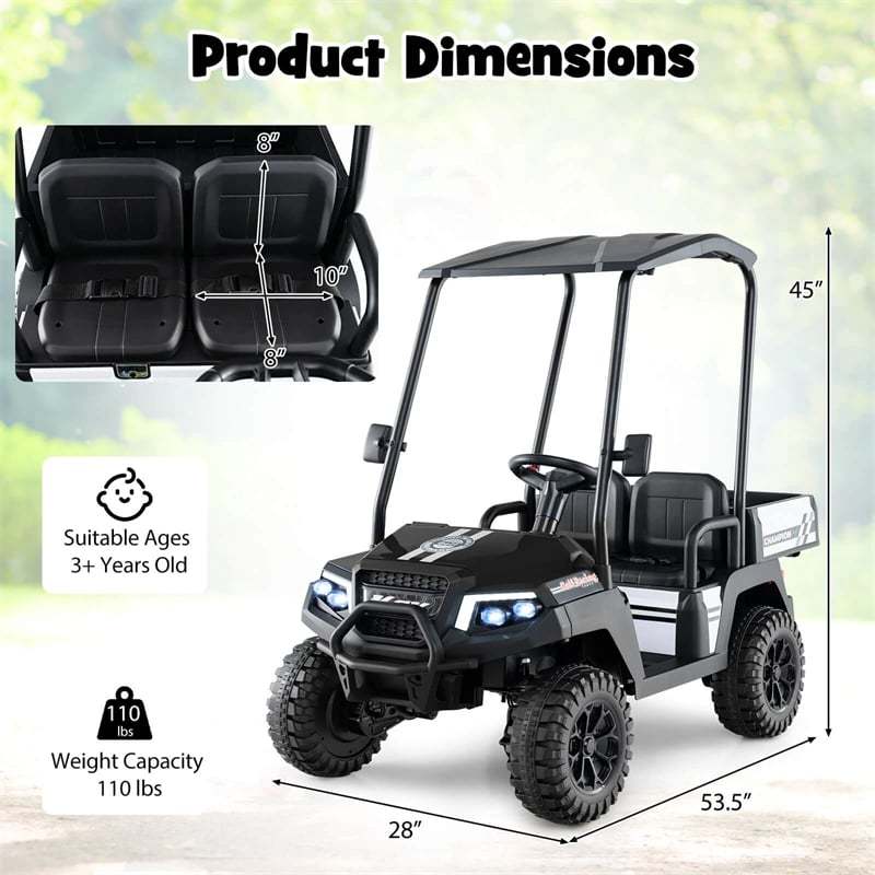 24V Kids Golf Cart, 4WD 2-Seater Electric Ride-On Car with Sun Shade, Storage Trunk, Remote Control & LED Lights for Boys & Girls Ages 3+