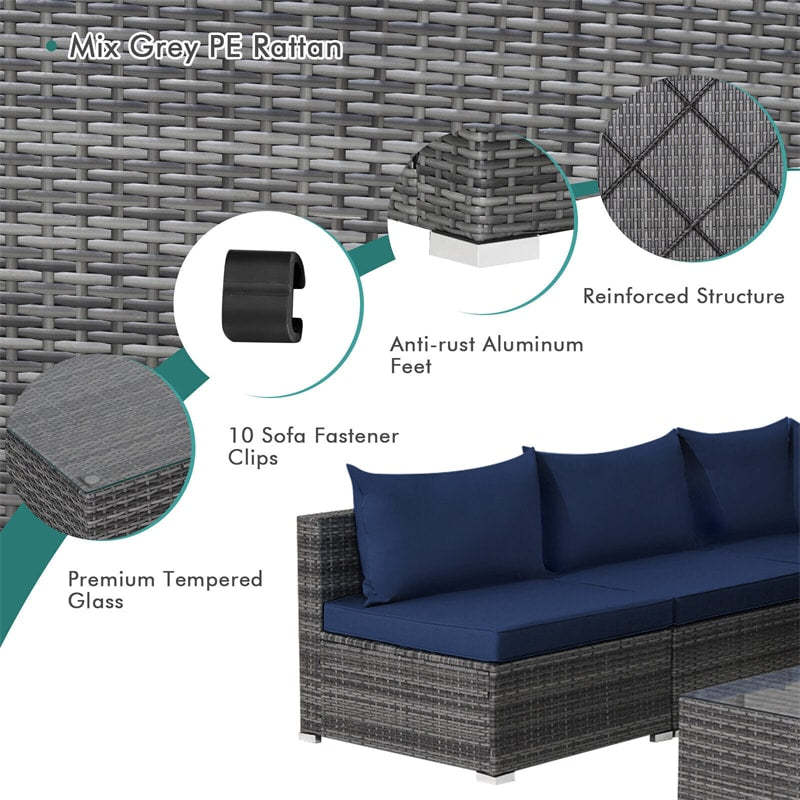 7PCS PE Rattan Modular Outdoor Sectional Set with Tempered Glass Top Table & Cushions, Patio Sofa Furniture for Backyard, Poolside Garden