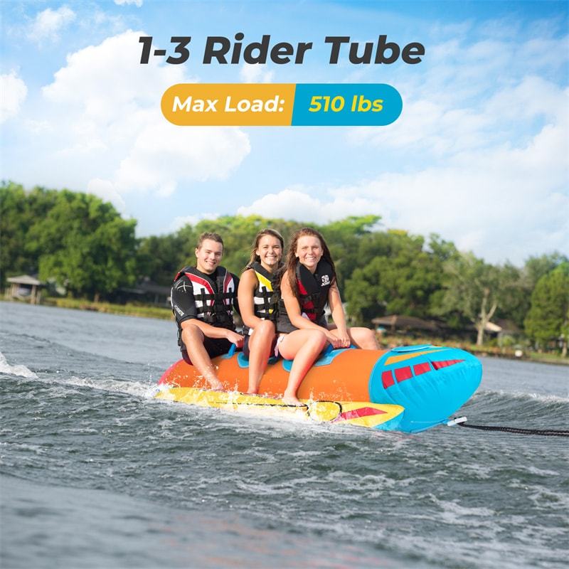 Inflatable 3-Person Towable Tube for Boating, Hot Dog Towable Tube Water Sports Banana Boat Ride with 3 EVA-Padded Seats for Towing Rider