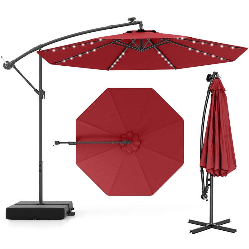 10FT Solar Offset Patio Umbrella, Hanging Cantilever Umbrella with 32 LED Lights, Adjustable Tilt, Sand Bag Base for Garden, Poolside, Yard