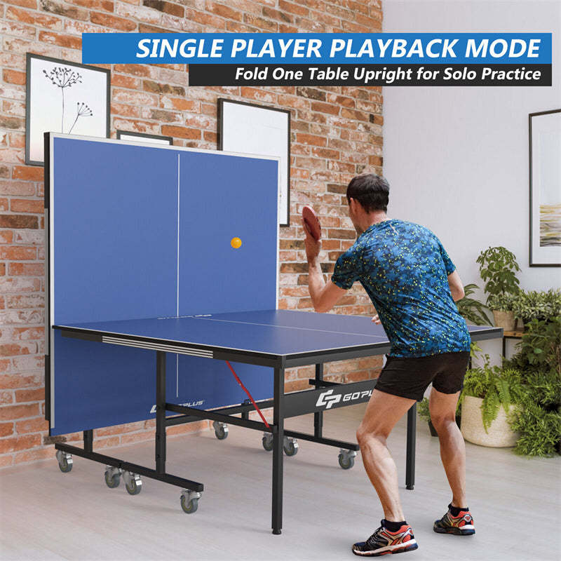 Foldable Table Tennis Table, 9'x5' Professional Ping Pong Table with Single/Double Player Mode & Wheels for Indoor Outdoor Playing