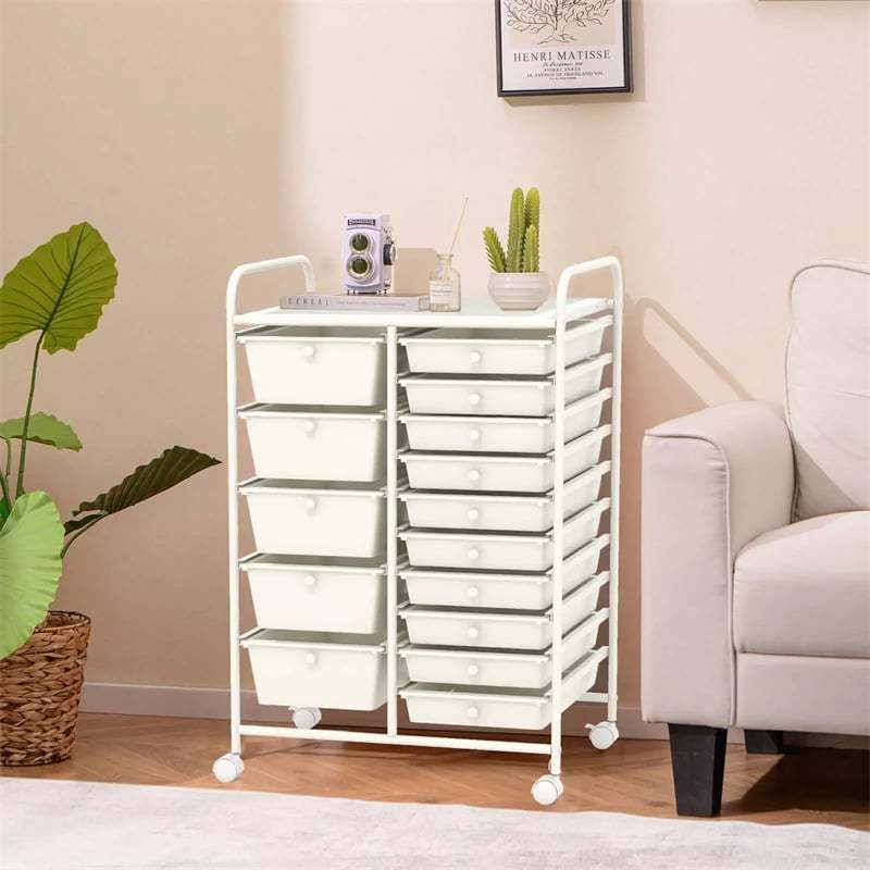 15-Drawer Rolling Storage Cart, Art &  Craft Organizer with Wheels & Removable Drawers for Tools, Scrapbook Paper, Home Office School