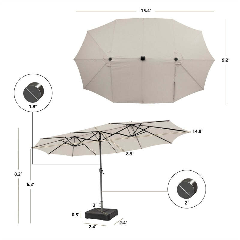 15FT Double-Sided Patio Umbrella with Base, 48 Solar LED Lights & Crank Handle, Extra Large Double Outdoor Umbrella for Poolside, Backyard