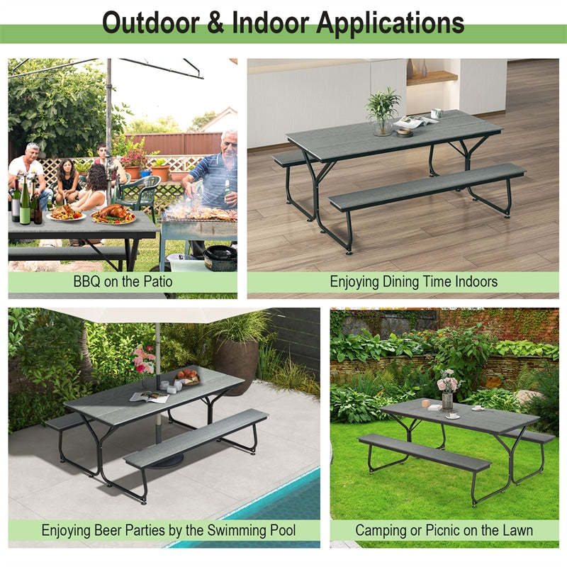 6FT All-Weather HDPE Picnic Table Bench Set Heavy-Duty Frame Outdoor Table with 2 Benches & Umbrella Hole