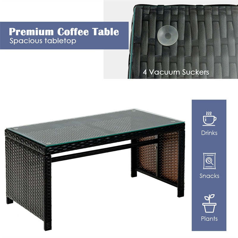 4 Piece Patio Rattan Conversation Set Cushioned Furniture Set with Loveseat & Coffee Table