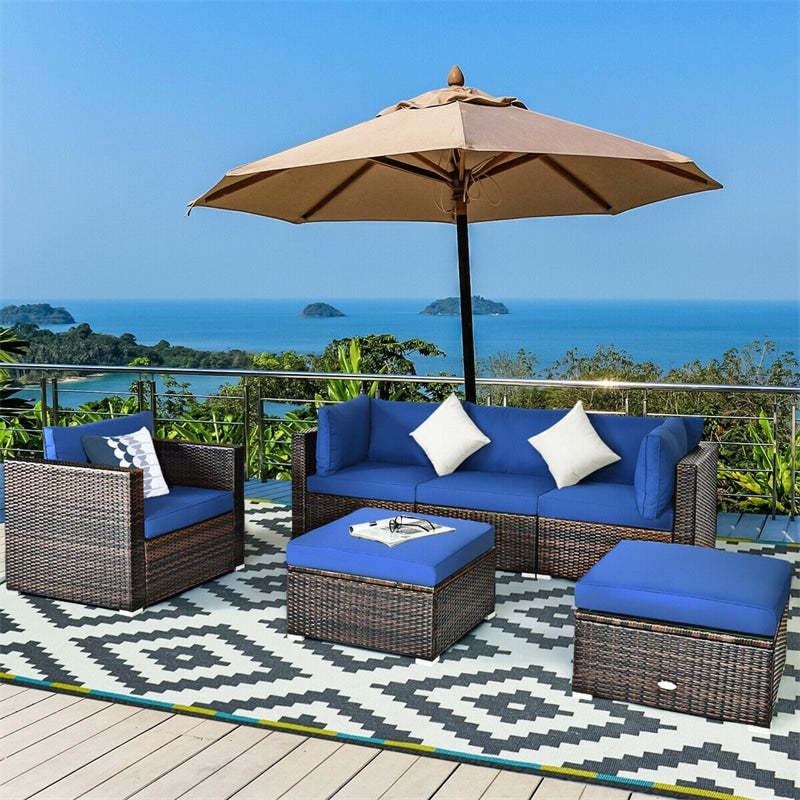 6 PCS Patio Rattan Sectional Furniture Set with Glass Coffee Table & Cushions Sofa Ottoman