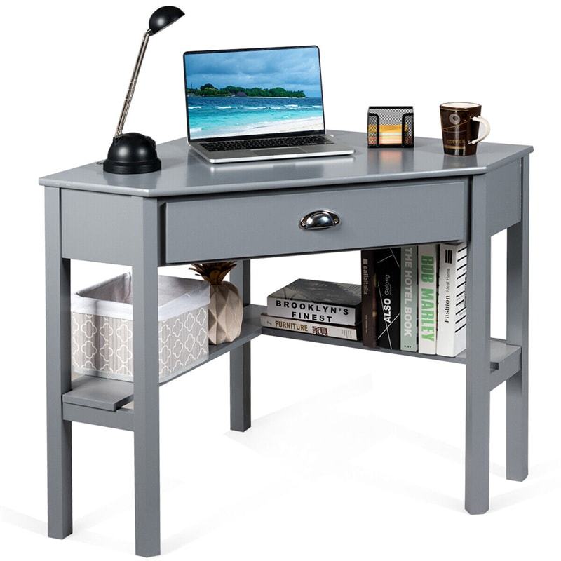 Corner Desk Triangle Computer Desk Laptop Writing Table Workstation Vanity Desk with Drawers & Storage Shelves