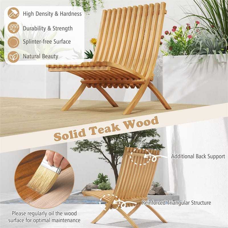 Folding Patio Chair, Teak Wood Low Profile Lounge Chair with Slatted Seat & Backrest, Fire Pit Chair for Porch, Balcony, Garden, Yard