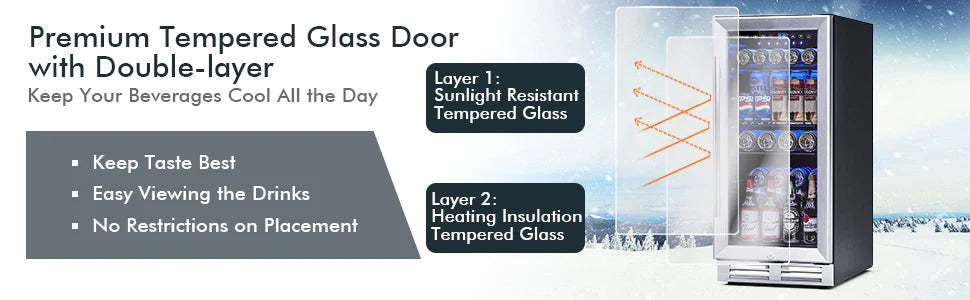 15" Beverage Refrigerator 100-Can Wine Beer Cooler Built-In/Freestanding Mini Drink Fridge with Glass Door & Removable Shelves