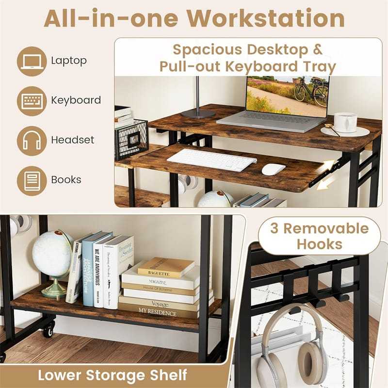 Rolling Computer Desk Cart, Mobile Laptop Desk with Keyboard Tray & CPU Stand, Industrial Small Desk on Wheels for Small Spaces, Home Office, Bedroom