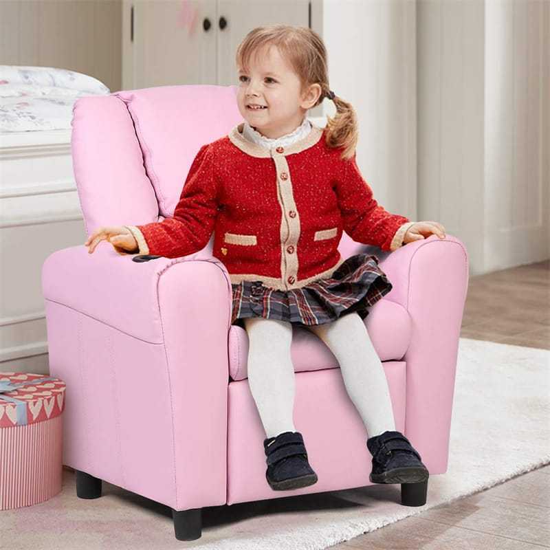 Kids Recliner Chair with Cup Holder, Armrests & Retractable Footrest, Children PU Leather Sofa Armchair, Ergonomic Toddler Room Furniture
