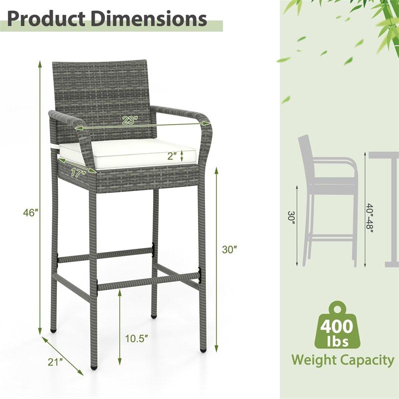 Patio Wicker Bar Stools Set of 2 Heavy Duty Frame Outdoor PE Rattan Bar Chairs 29.5" High Back Barstools with Armrests & Soft Cushions