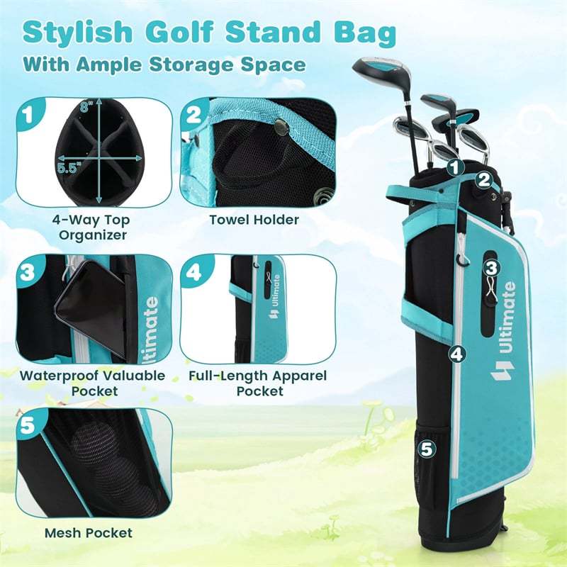 7 Pieces Junior Golf Club Set for Kids Ages 11-13 Right Hand, Children Golf Complete Set with #1 Driver, Head Cover & Stand Bag with Rain Hood