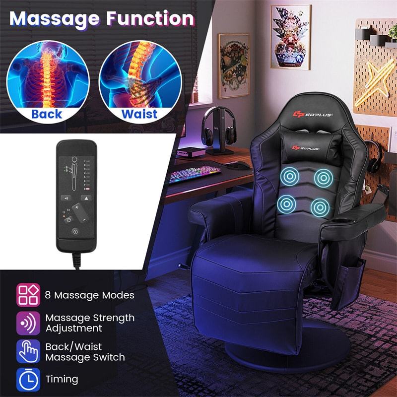 Gaming Recliner Adjustable Height Massage Gaming Chair with Retractable Footrest & Cup Holder, Ergonomic Swivel Video Game Chair Recliner Sofa