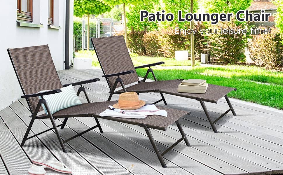 2PCS Outdoor Chaise Lounge Folding Patio Lounge Chairs Steel Fabric Sun Loungers Adjustable Reclining Chairs for Poolside Beach Garden Yard
