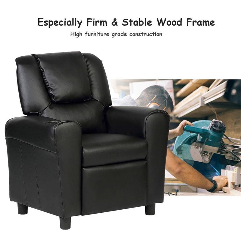 Kids Recliner Chair with Cup Holder, Armrests & Retractable Footrest, Children PU Leather Sofa Armchair, Ergonomic Toddler Room Furniture