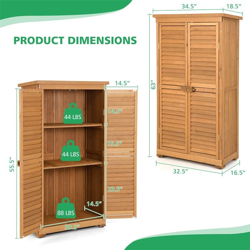 Outdoor Storage Cabinet, 63" Wood Garden Tool Shed with Lockable Doors, Removable Shelves & Asphalt Roof, Multipurpose Shed for Patio, Lawn, Backyard