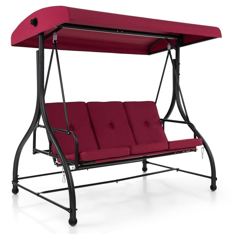 2-in-1 Convertible Patio Swing with Adjustable Canopy & Removable Cushions, Steel Frame 3-Person Outdoor Swing Bed for Deck/Backyard/Garden
