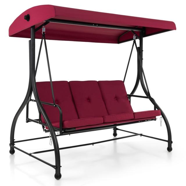 2-in-1 Convertible Patio Swing with Adjustable Canopy & Removable Cushions, Steel Frame 3-Person Outdoor Swing Bed for Deck/Backyard/Garden