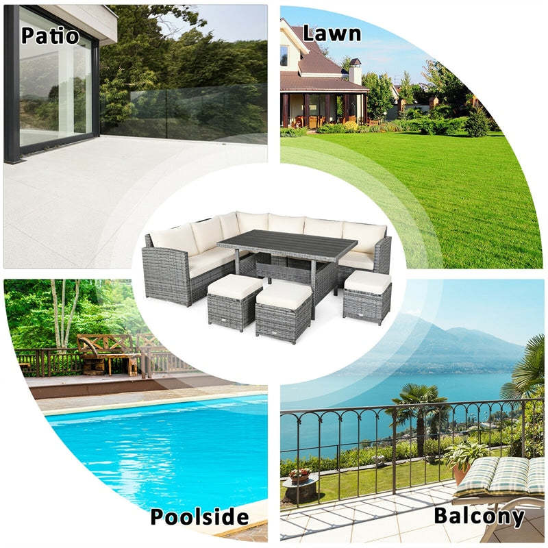 7 PCS Rattan Patio Dining Furniture Sectional Sofa Set with Wicker Ottomans