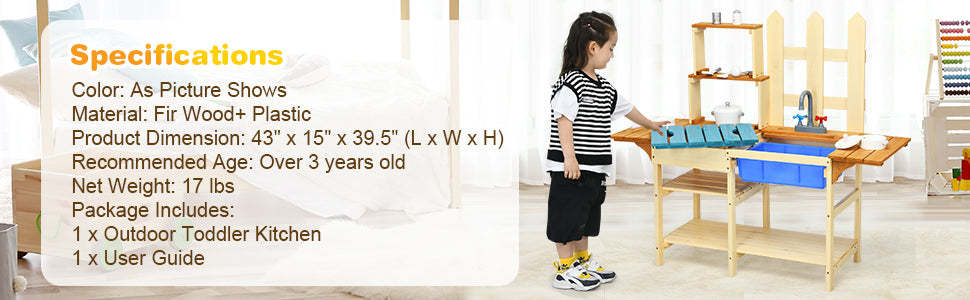 Kids Mud Kitchen Playset Wooden Pretend Play Kitchen Toddler Toy Kitchen with Removable Sink & Simulated Faucet