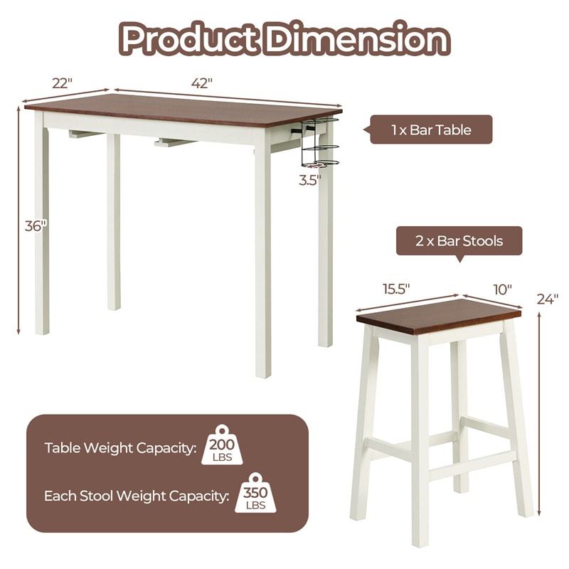 3-Piece Bar Table Set Counter Height Dining Set Space Saving Dinette Table with 2 Stools & 2 Wine Holders for Bar Kitchen Living Room