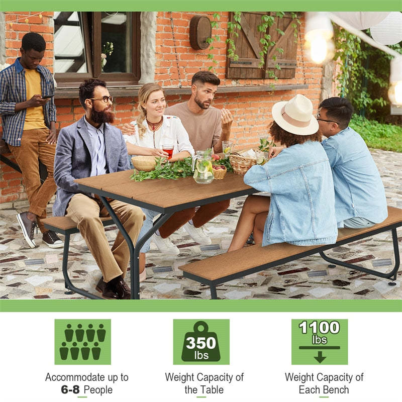 6FT Outdoor Picnic Table Bench Set for 6-8 Person, All-Weather HDPE Heavy-Duty Picnic Table with 2 Benches & Umbrella Hole, 2550LBS Capacity