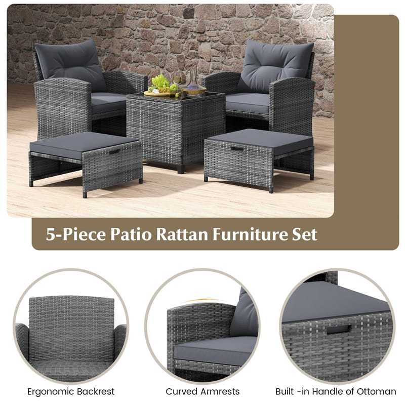 5-Piece Patio Rattan Furniture Set, Wicker Cushioned Chairs with 2 Ottomans & Tempered Glass Coffee Table for Backyard, Lawn, Poolside, Deck