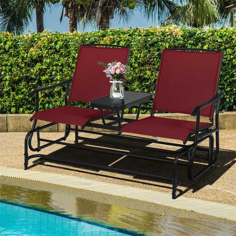 2-Person Outdoor Glider Chair with Center Tempered Glass Table, Steel Frame & Breathable Mesh, Patio Rocking Bench for Porch Garden Poolside