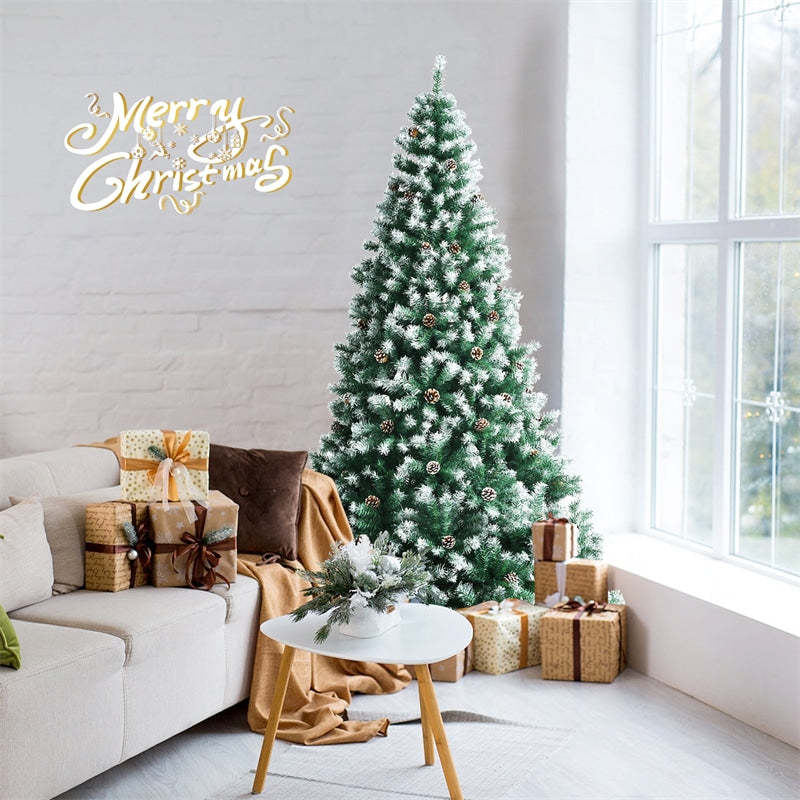 7.5ft Unlit Artificial Snow Flocked Christmas Tree with Pine Cones and Metal Stand