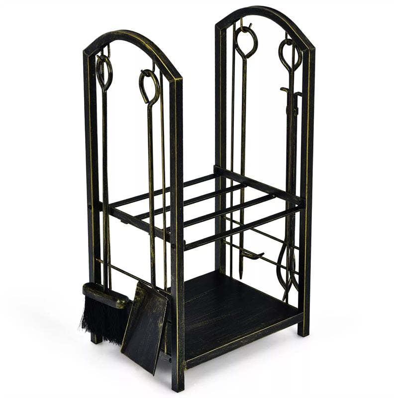 Firewood Rack with 4 Fireplace Tools Set, Heavy Duty Wrought Iron Log Rack Wood Storage Firewood Holder for Indoor  Outdoor