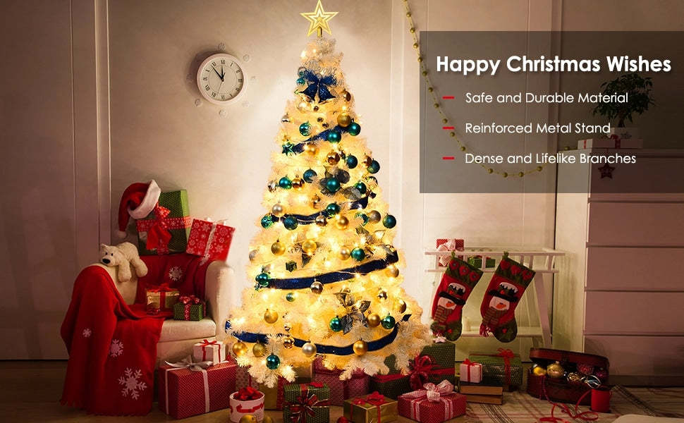 7FT White PVC Hinged Pine Snow-flocked Artificial Christmas Tree with Metal Stand