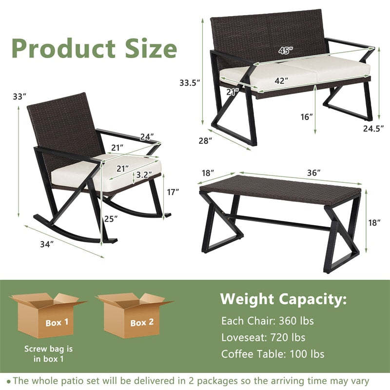 4PCS Wicker Rocking Patio Furniture Set Heavy Duty PE Rattan Outdoor Rocking Chairs Set with Cushions, Loveseat & Coffee Table for Porch Balcony