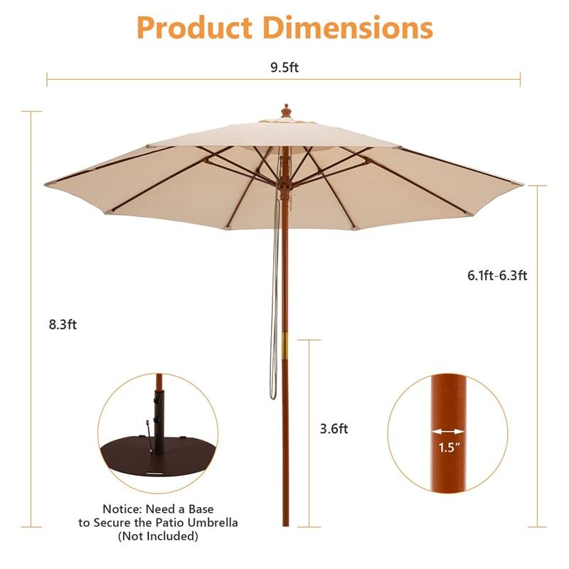 9.5FT Wood Patio Umbrella with Rope Pulley Lift, 8 Fiberglass Ribs & 3 Adjustable Heights, Vented Outdoor Umbrella for Garden Poolside Backyard