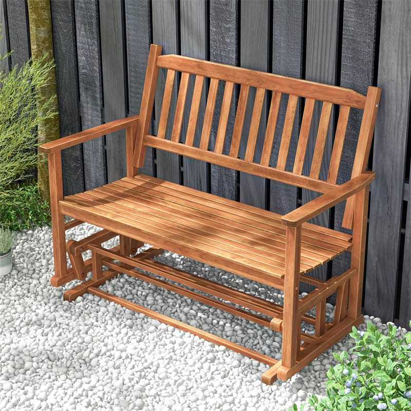 2-Person Outdoor Glider Bench with Poplar Wood Frame, Slatted Seat & Armrest Backrest, Porch Rocking Glider Loveseat for Patio, Garden & Deck
