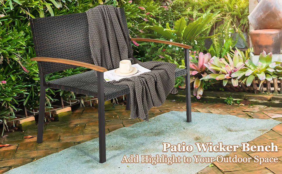 Wicker Patio Bench Rattan Outdoor Loveseat Chair with Armrest for Garden