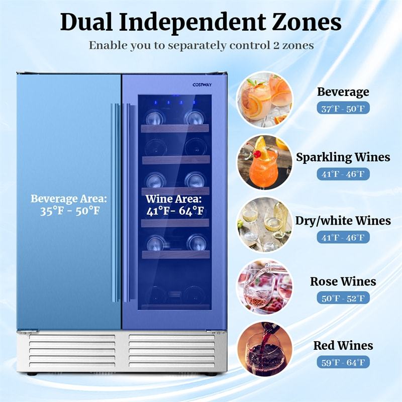 24" Dual Zone Undercounter Wine Beverage Cooler Refrigerator, Built-in Freestanding Wine Fridge for 19 Bottles & 57 Cans, Stainless Steel Door