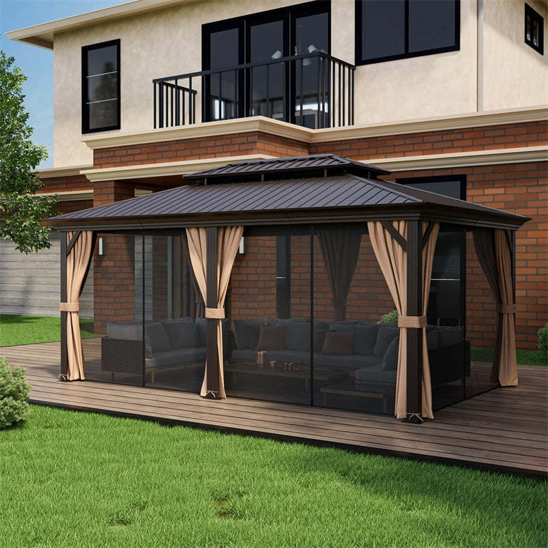 12' x 20' Double-Roof Hardtop Gazebo Outdoor Galvanized Steel Roof Gazebo Aluminum Frame Permanent Gazebo Backyard Pavilion with Curtains & Netting