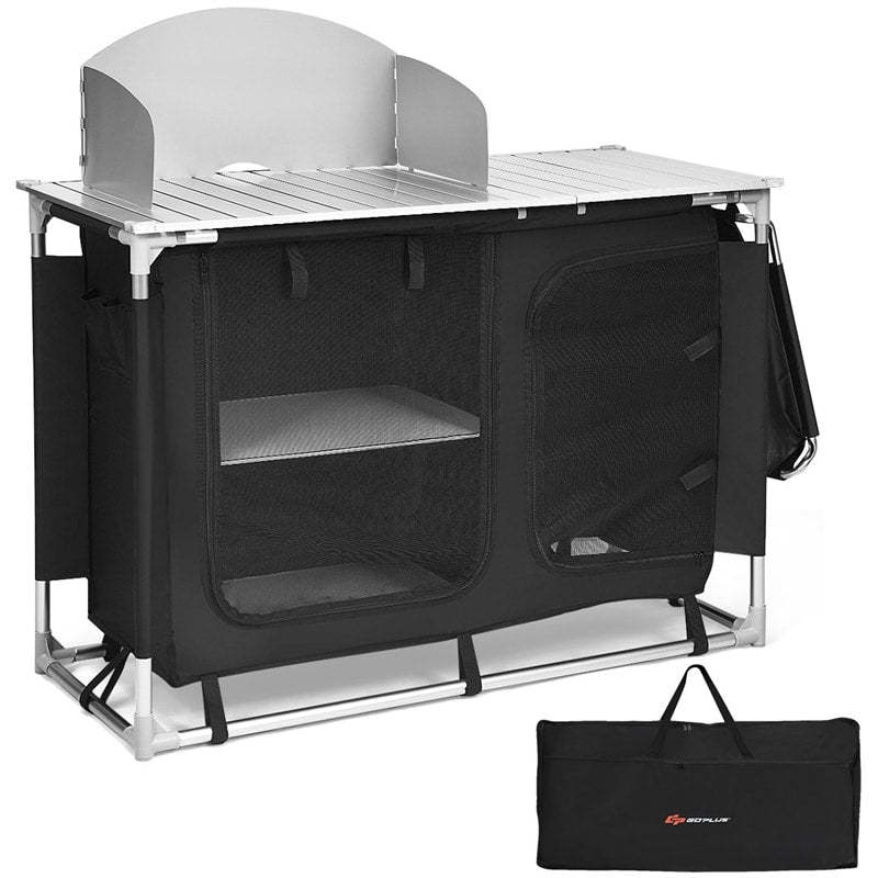Camping Kitchen Table Portable Outdoor Cooking Table Grill Table for Picnic BBQ with Windscreen, Storage Organizer & Removable Sink