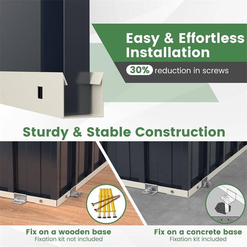 Double Doors & Openable Roof: The metal utility garden storage shed features double doors with a lockable metal latch, providing extra security and convenience. Moreover, the roof can be safely and slowly opened and closed with retractable hydraulic rods, making fetching items a breeze.
