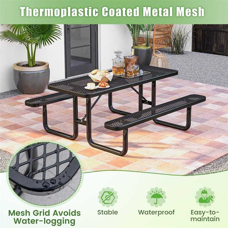 72" Expanded Metal Picnic Table Bench Set for 8, Large Rectangular Outdoor Dining Table Thermoplastic Coated Steel Commercial Picnic Table for Garden Yard