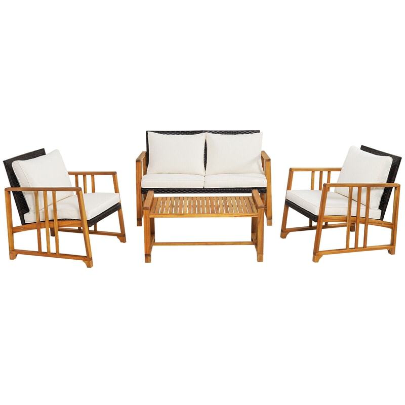 4 Piece Acacia Wood Frame Rattan Patio Sofa Set with Seat & Back Cushions, Wicker Outdoor Conversation Set for Garden Yard