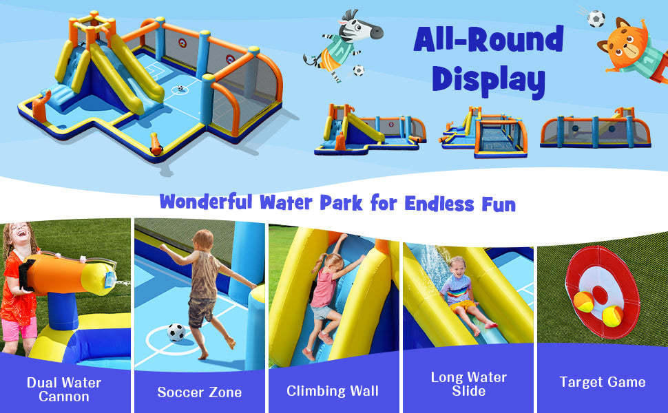 Giant Soccer Themed Inflatable Water Slide 7-in-1 Long Slide Water Park without Blower