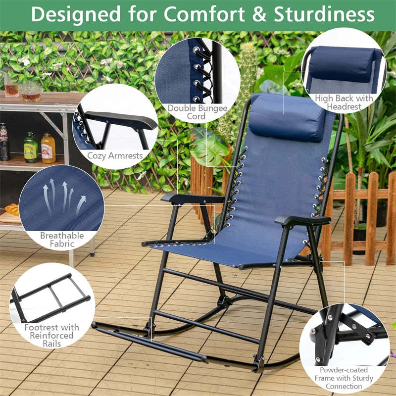 Zero Gravity Rocking Chair, Folding Camping Rocker with Headrest, Cozy Armrests & Footrest, Portable High Back Lawn Chair for Garden Patio