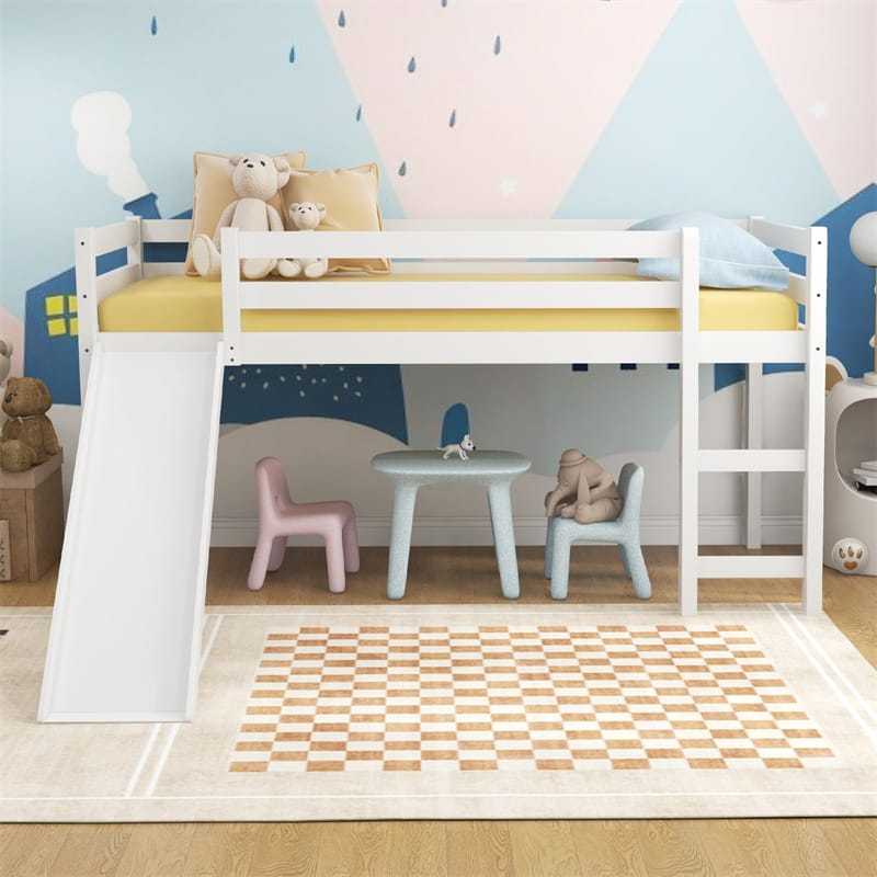 Twin Loft Bed with Slide, Solid Wood Low Loft Bed Twin Loft Bed Frame with Climbing Ladder & Guardrail, Twin Kids Bed for Girls Boys